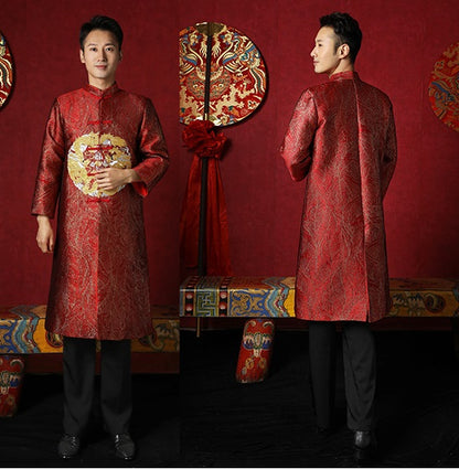 Red chinese groom dragon tang jacket front back