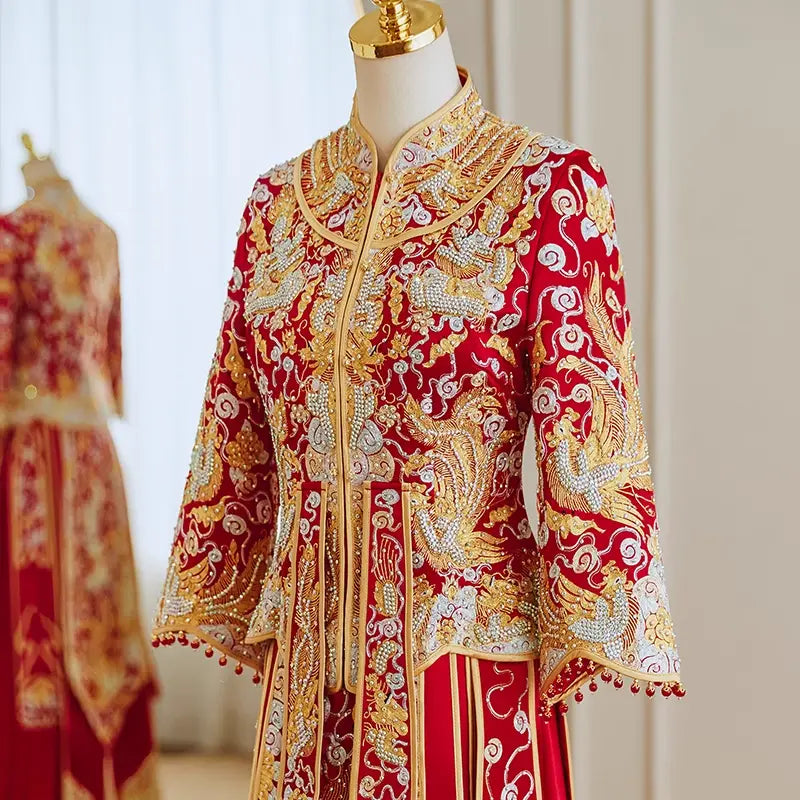 Red and gold  traditional Chinese Wedding pheonix  Qun gua Dress