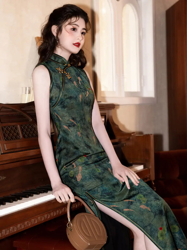Dark Green Koi Pond Sleevess Qipao Dress