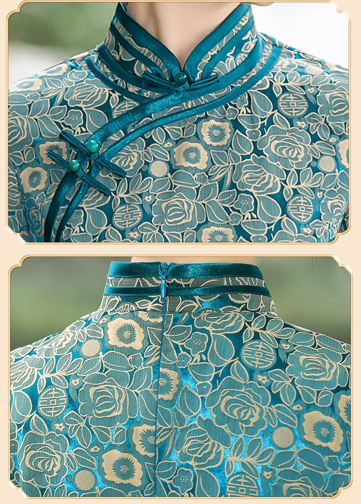 Teal Foral Long Cheongsam Qipao Dress
