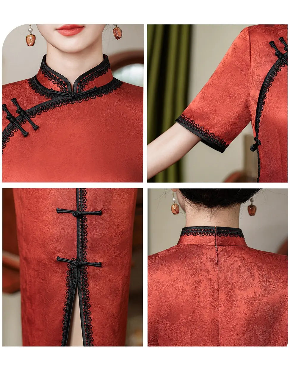 Robe chinoise rouge - Qipao en jacquard floral en soie de mûrier