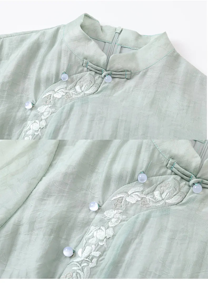Green  Modern A-Line Tencel Jacquard Loose Cheongsam Qipao Dress