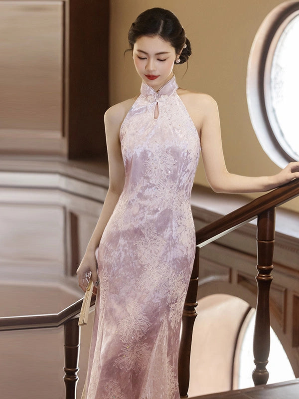 Qipao sirène moderne en dentelle et sequins lavande à col licou