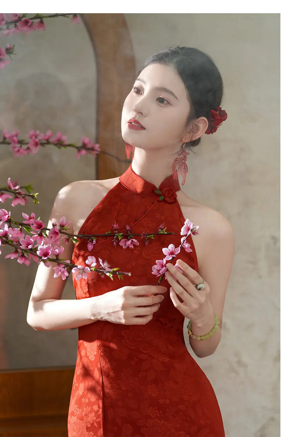 Red Floral Jacquard Halter Modern Bridal Qipao Dress for chinese wedding