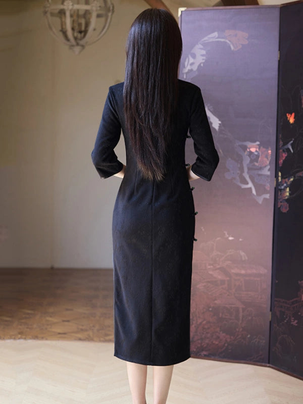 Modern Floral Cotton Jacquard Long Sleeve Qipao