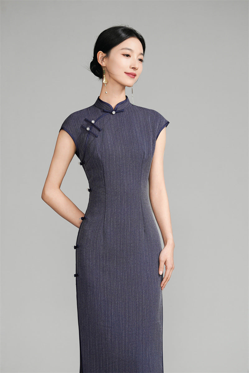 Cap Sleeve Qipao Dress With  Pinstripe pattern