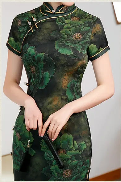 Dark Green  Floral Chinese Long qipao cheongsam Dress