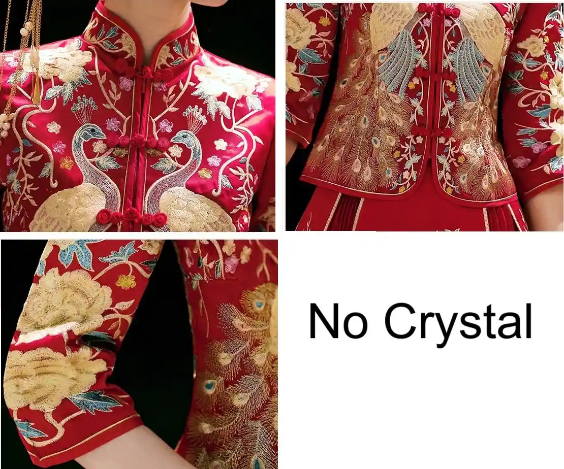 Red Traditional Chinese Wedding Bridal Qun kwa dress with peacock/ pheonx embroidery