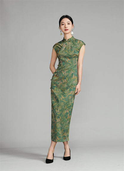 Long Green Qipao with Gold Floral and Butterfly Pattern