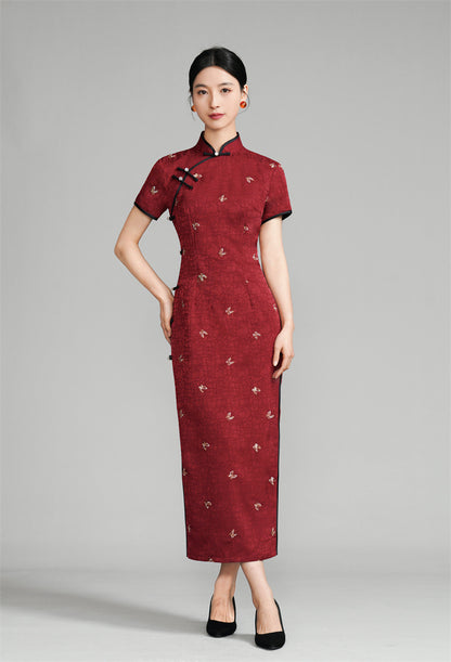 Burgundy Red Short Sleeves Floral Jacquard Qipao Dress