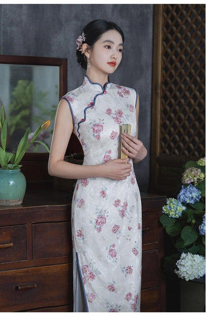 Sleeveless Floral Qipao Dress| Rosy