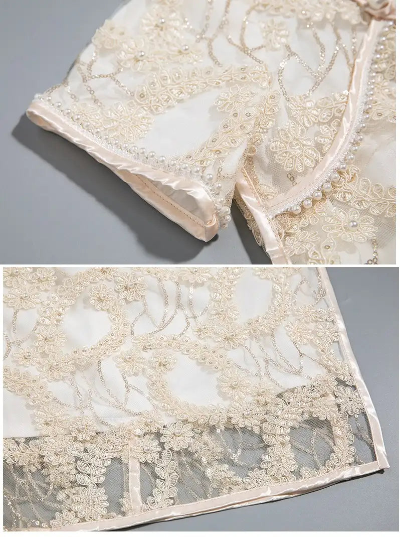 Robe qipao/cheongsam en dentelle blanche ivoire | Pearly