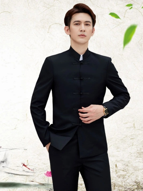 Modern Chinese Style Slim Fit Mandarin Collar Tang Suit Jacket Set