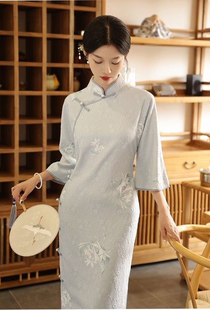 Light Blue Long Sleeves Lace jacquard Cheongsam Qipao Dress