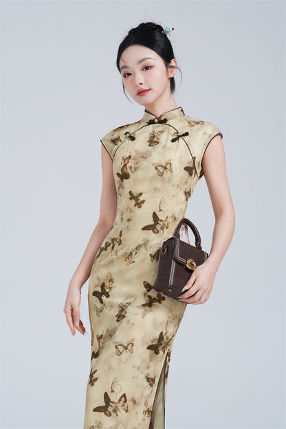 Beige Butterfly Print Qipao Dress