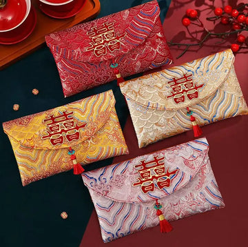 Luxury Brocade Fabric Double Happiness Red Envelopes With Tassel
