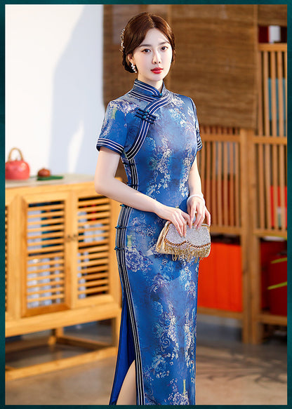 Robe Qipao Cheong à fleurs de pivoine bleue