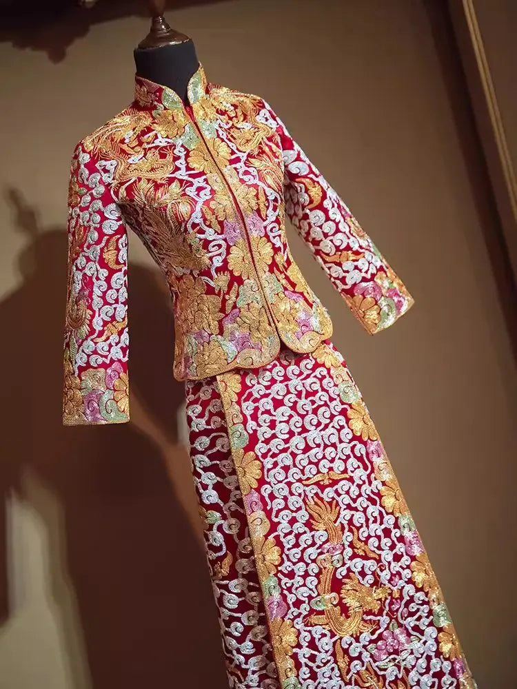 Multicolored Embroidered Qun Kwa - Cai Kwa Chinese Wedding Dress for Bride