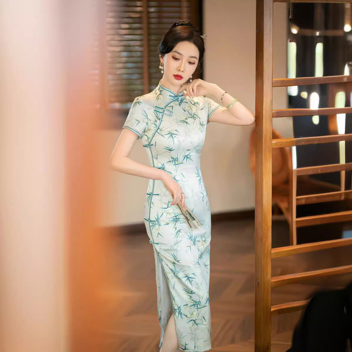 Chinese Green Bamboo Leaves Print Cheongsam Qipao Dress full