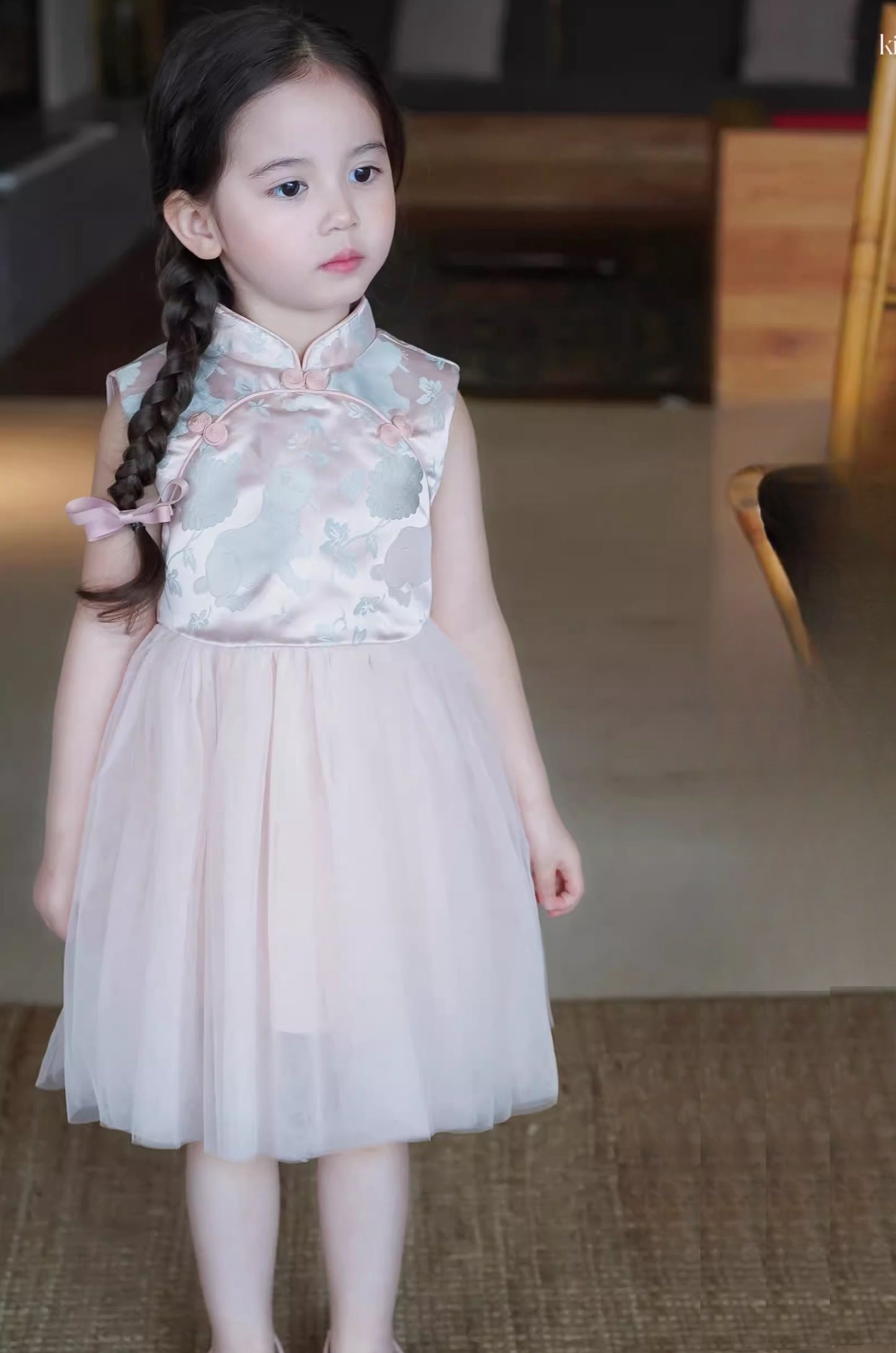 Robe Qipao Cheongsam en tulle satiné à fleurs roses pour enfant