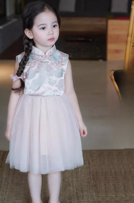 Kid's Pink Floral Satin Tulle Qipao Cheongsam Dress