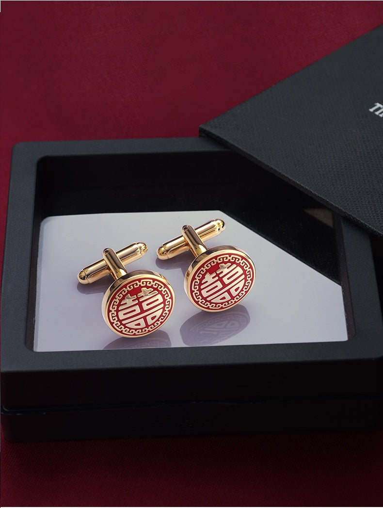 red Double happiness wedding cufflinks and tie clip for groom best men