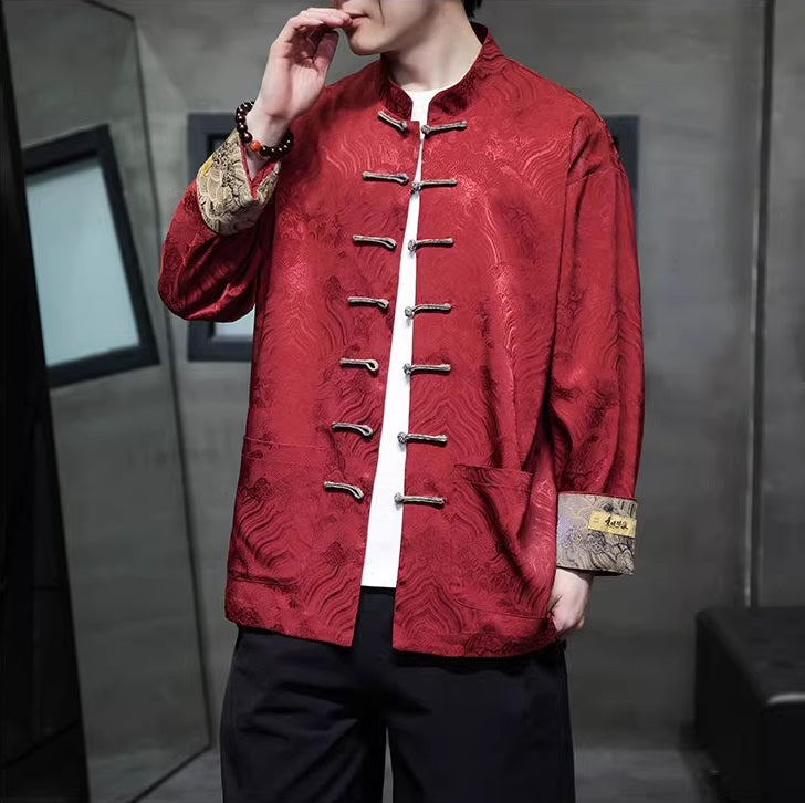 Model in Red brocade tang jacket