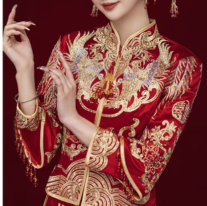 Ensemble de costume de mariage rouge Qun Kwa et Tang | Blissful