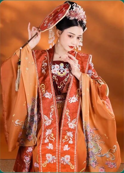 model in Red bridal wedding song hanfu looking down