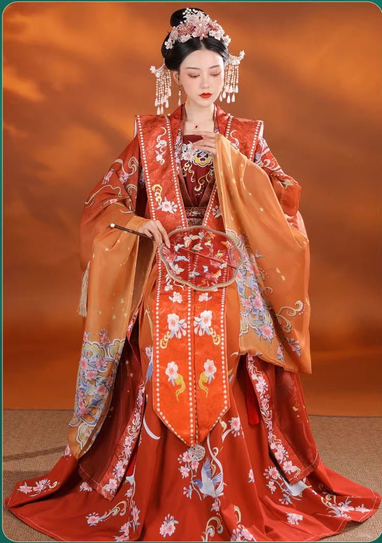 model in Red bridal wedding song hanfu sitting