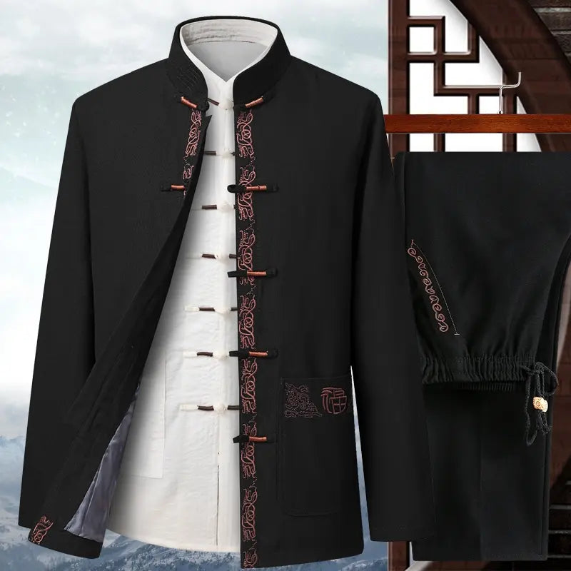 black Traditional Chinese Mandarin Tang Jacket Suit