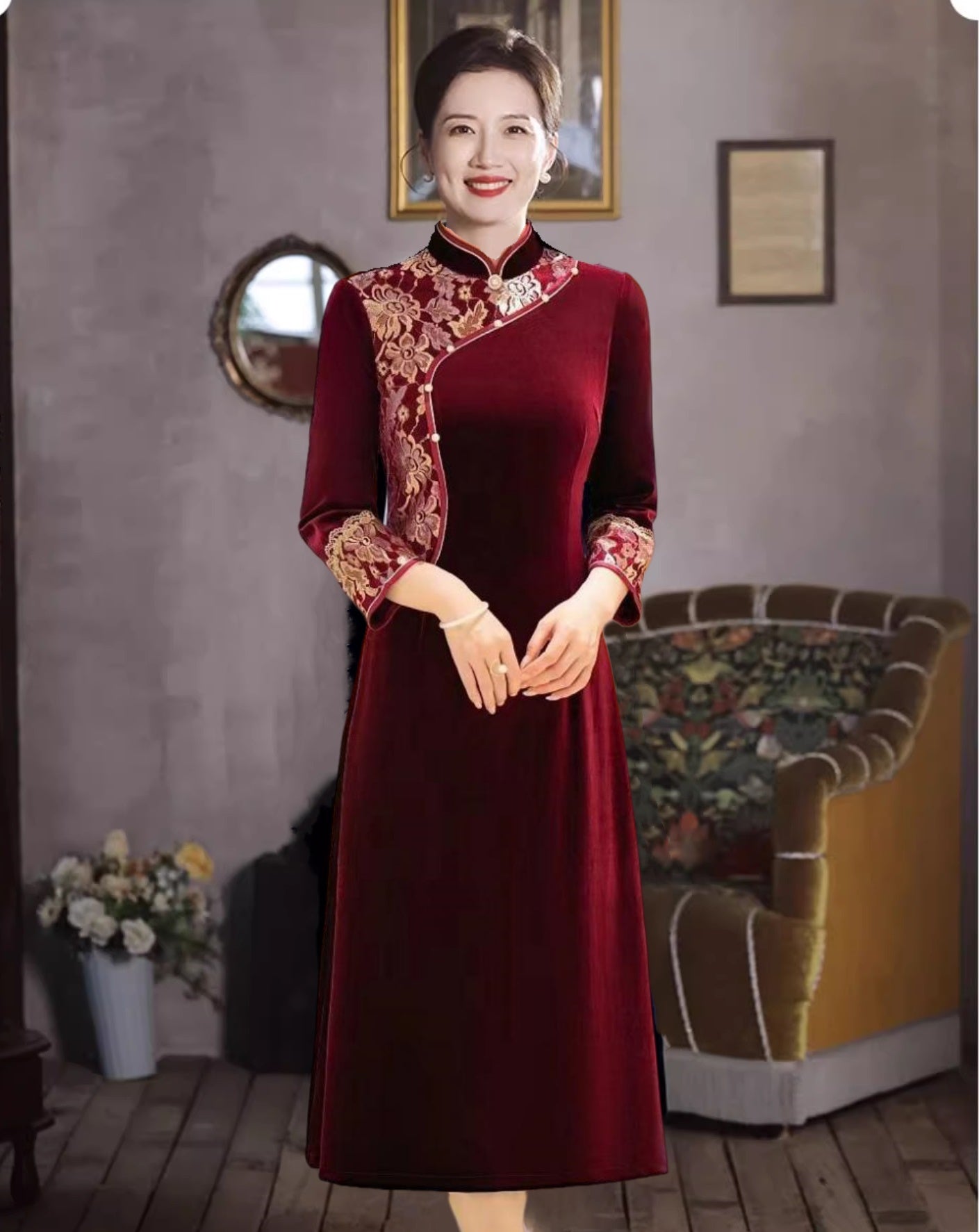 Traditionelles chinesisches Cheongsam-Qipao-Kleid aus Samt mit Stehkragen und langen Ärmeln