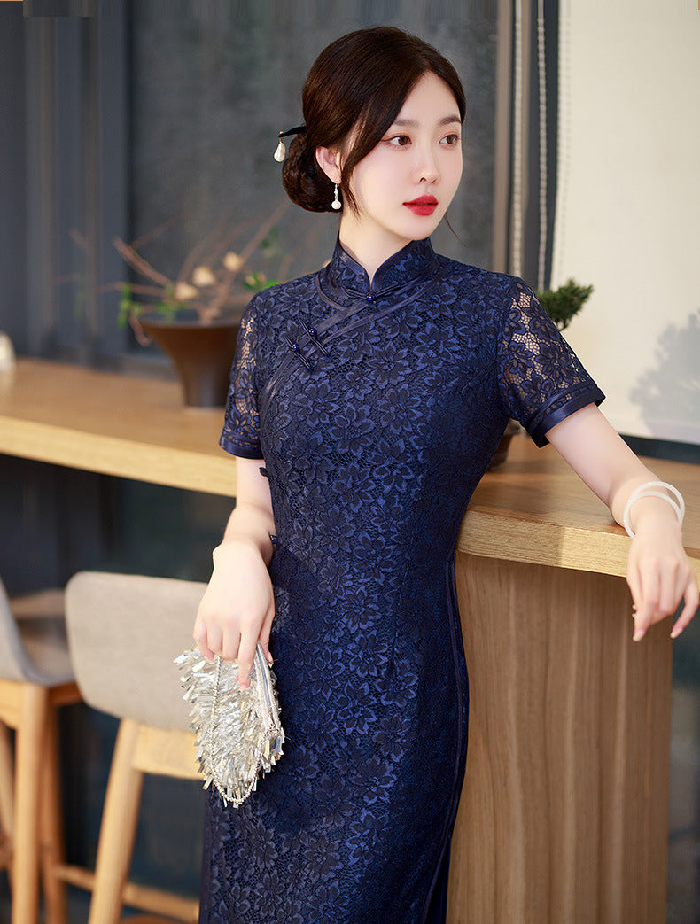 model in navy blue lace qipao cheongsam dress  standing