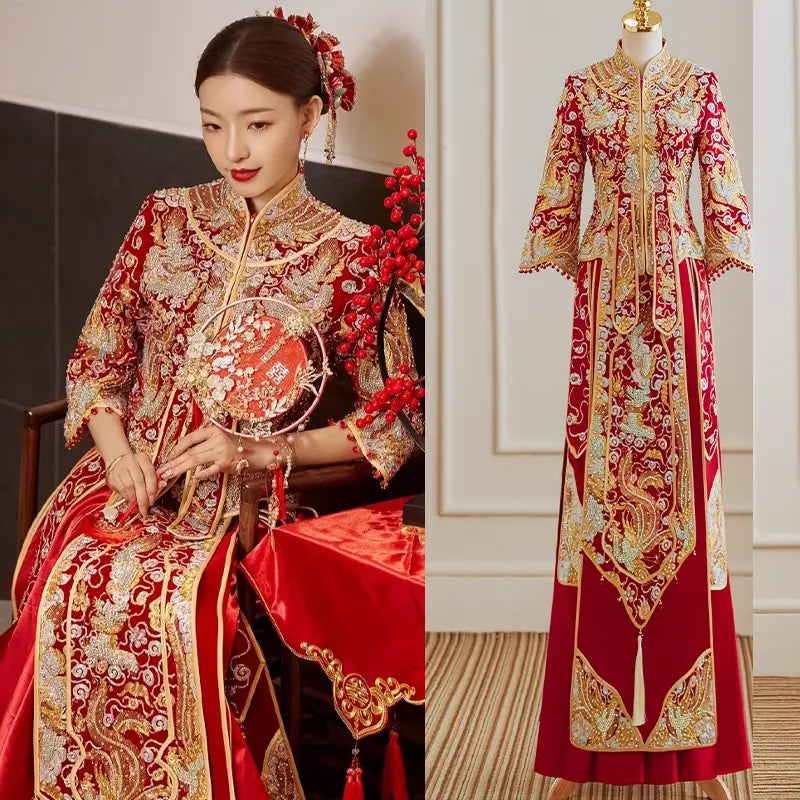 Red and gold  traditional Chinese Wedding pheonix  Qun Kwa Dress