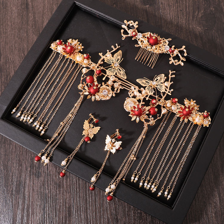 Traditional chinese bridal gold and red  hair pieces