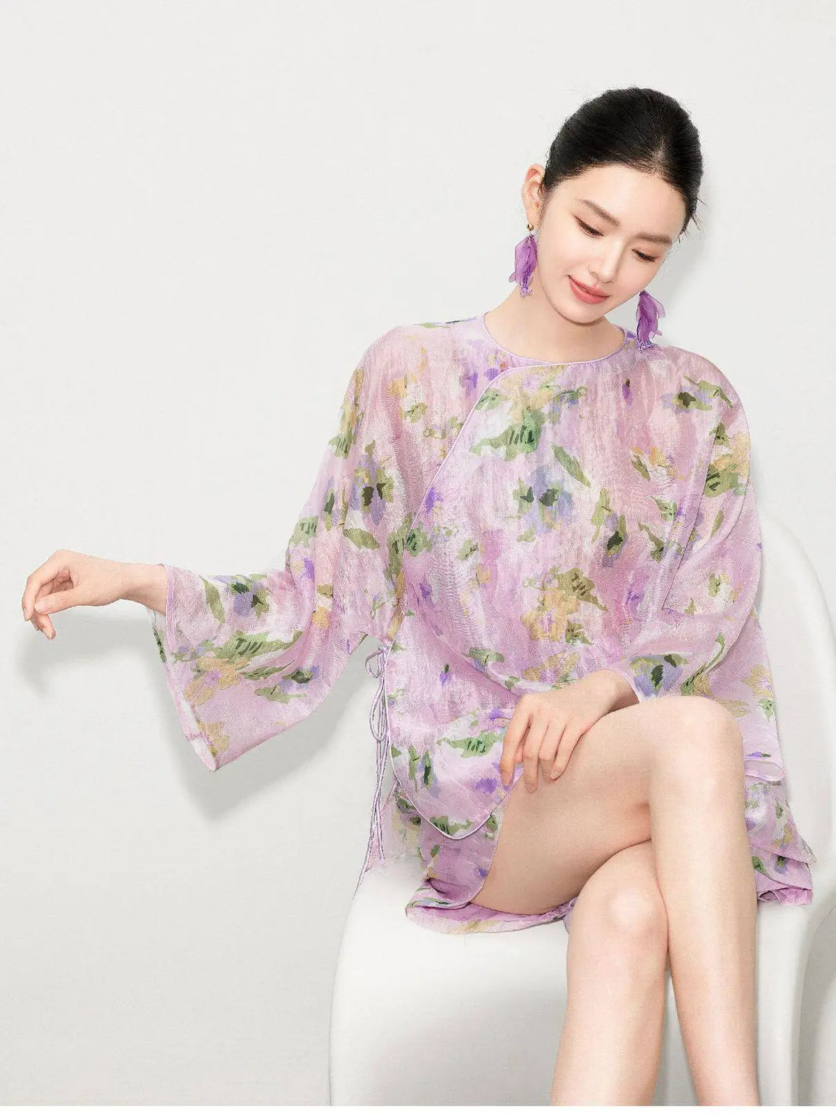New Chinese Style - Asymmetrical Top & Elastic Waist Shorts in Lilac
