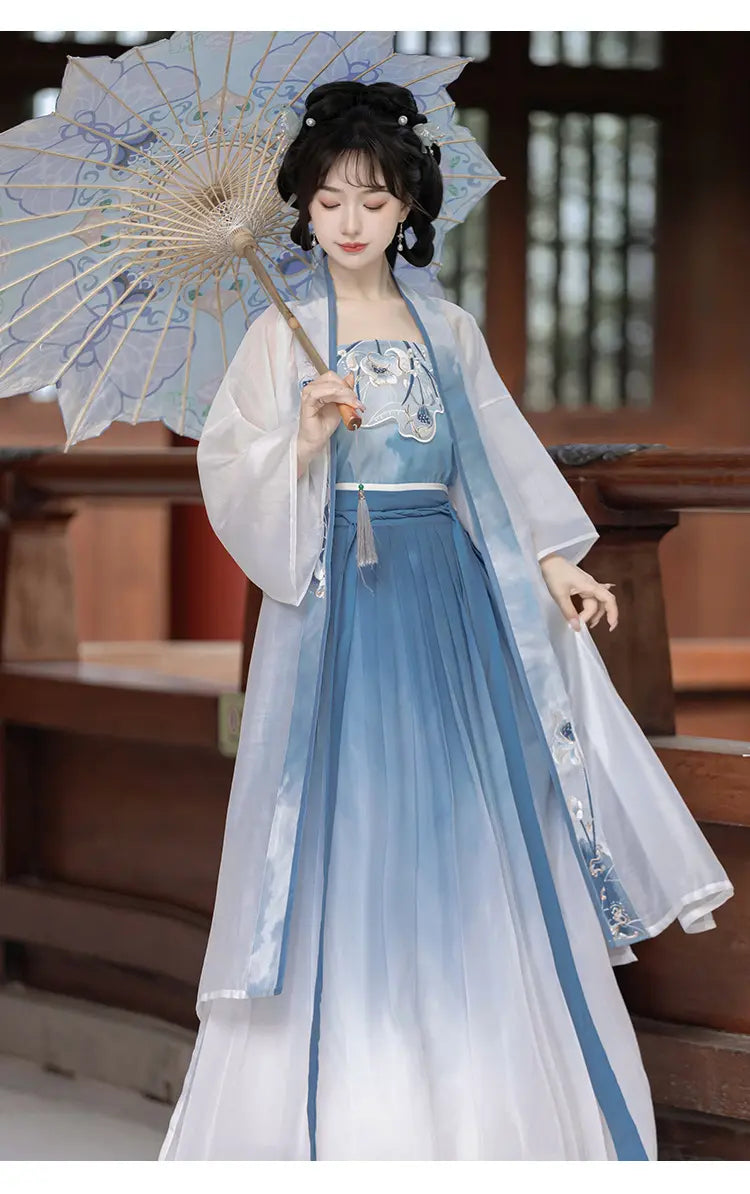 Blue and White Traditional chinese Song Dynasty Hanfu Dress with lotus flowers