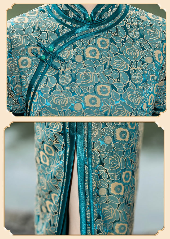 Teal Foral Long Cheongsam Qipao Dress