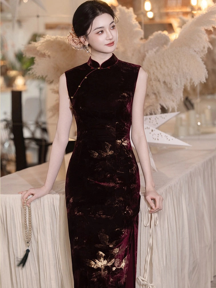 Burgundy Velvet Gold Floral Burnout  Sleeveless Qipao