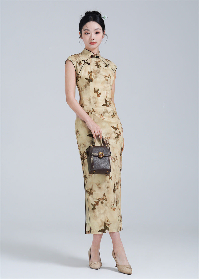 Beige Butterfly Print Qipao Dress