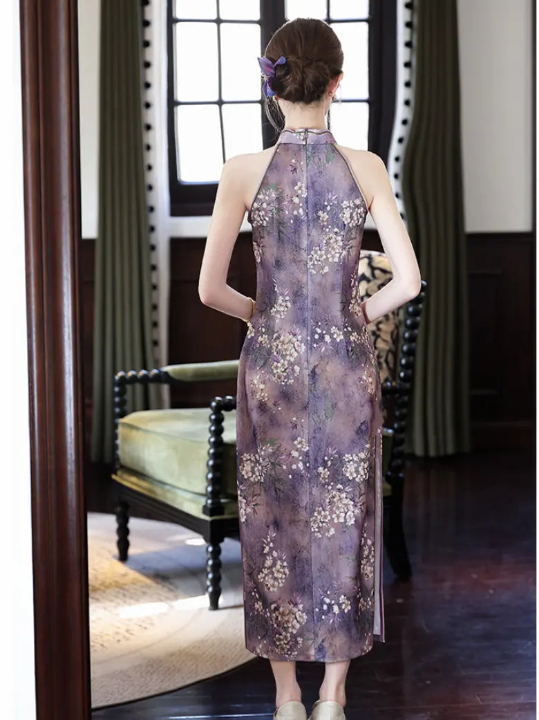 Neckholder-Midikleid mit Blumenmuster, Cheongsam und Qipao
