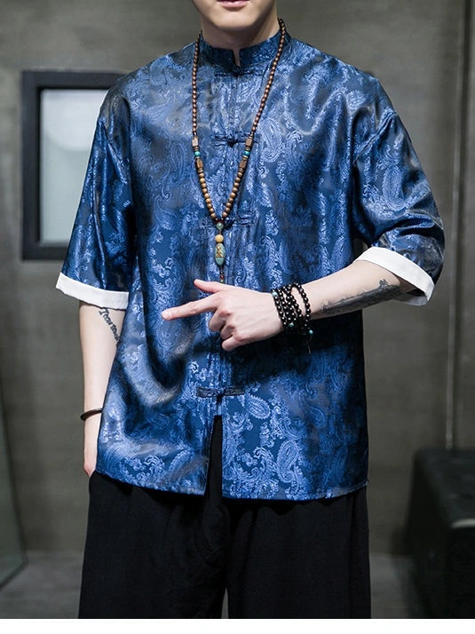 Men's Ice Silk Half-Sleeve Tang Suit Summer Shirt