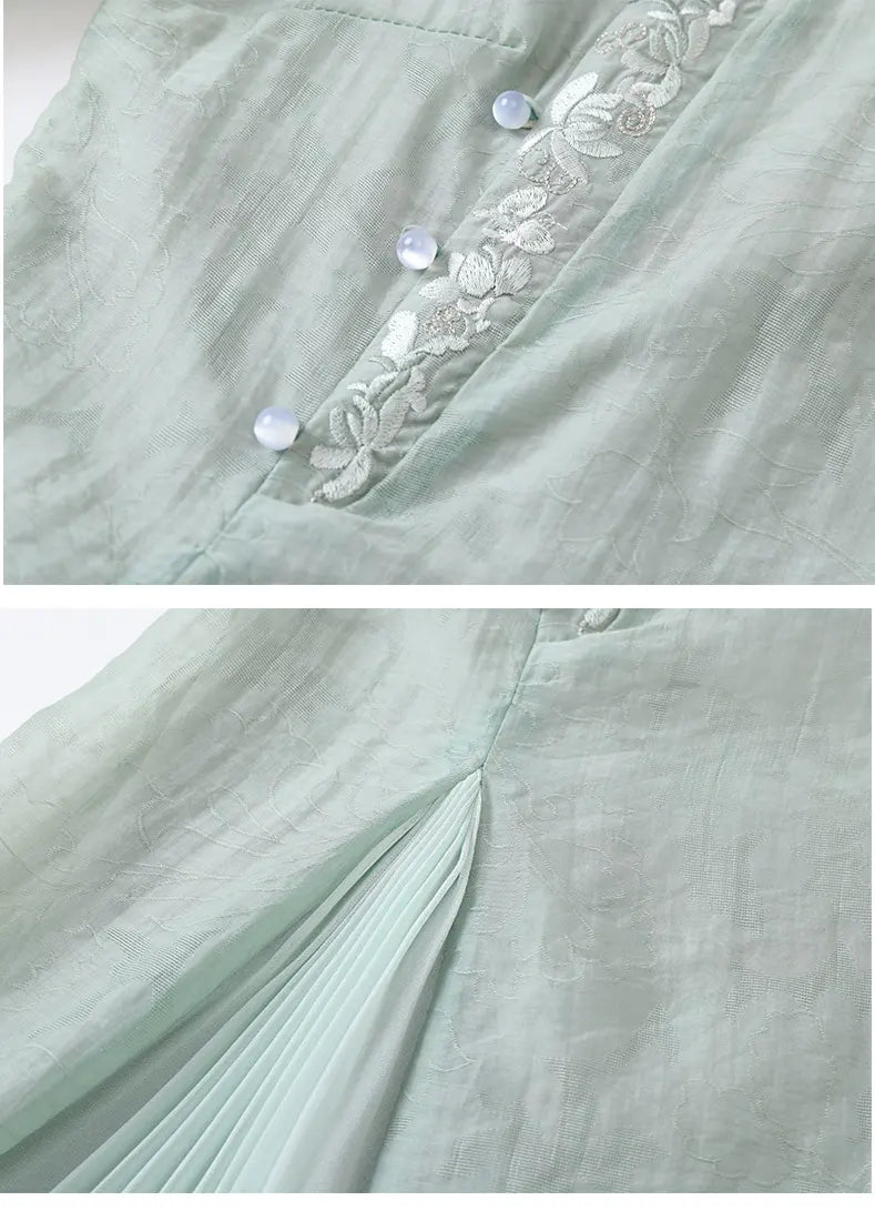 Green  Modern A-Line Tencel Jacquard Loose Cheongsam Qipao Dress