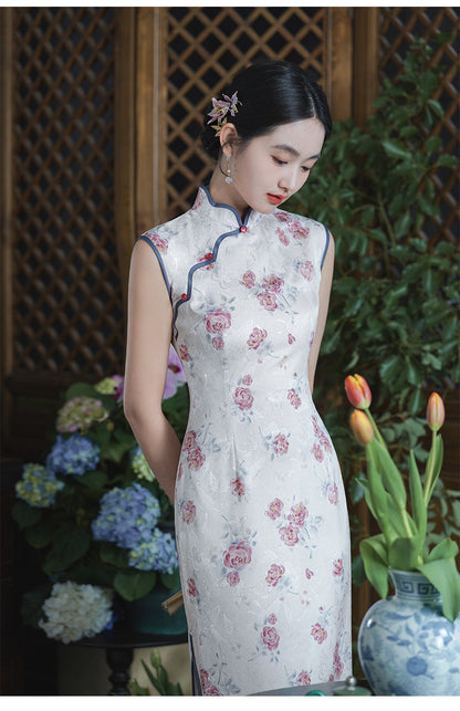 Sleeveless Floral Qipao Dress| Rosy
