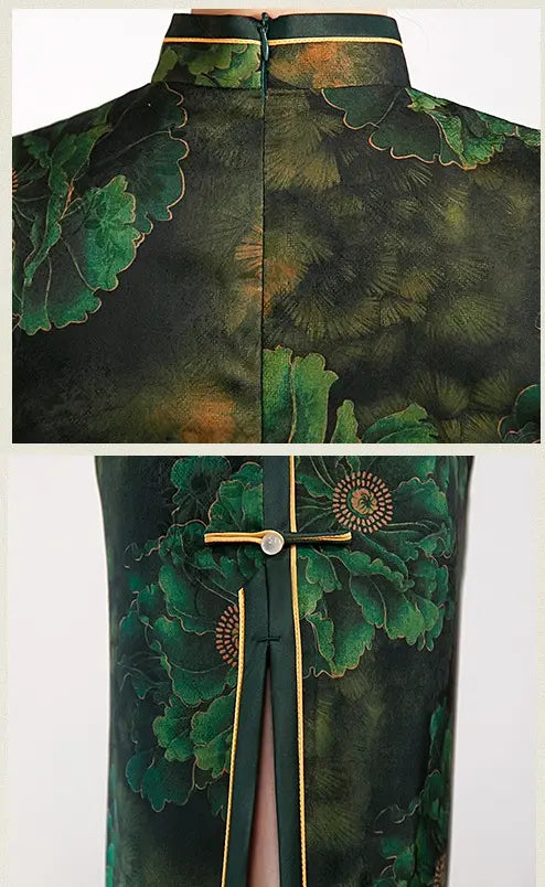 Dunkelgrünes Qipao-Kleid mit Blumenmuster | Pfingstrose