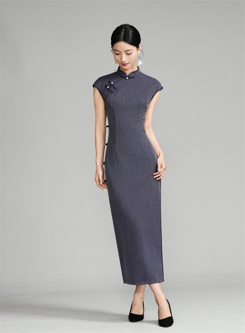 Cap Sleeve Qipao Dress With  Pinstripe pattern