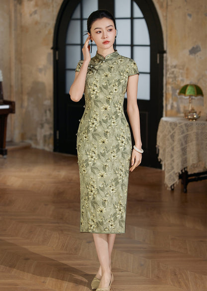 Mute Green Floral Silk Qipao Dress | Daisy