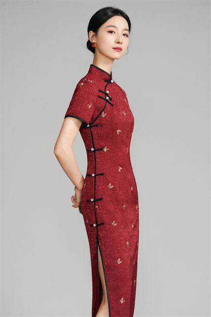 Burgundy Red Short Sleeves Floral Jacquard Qipao Dress