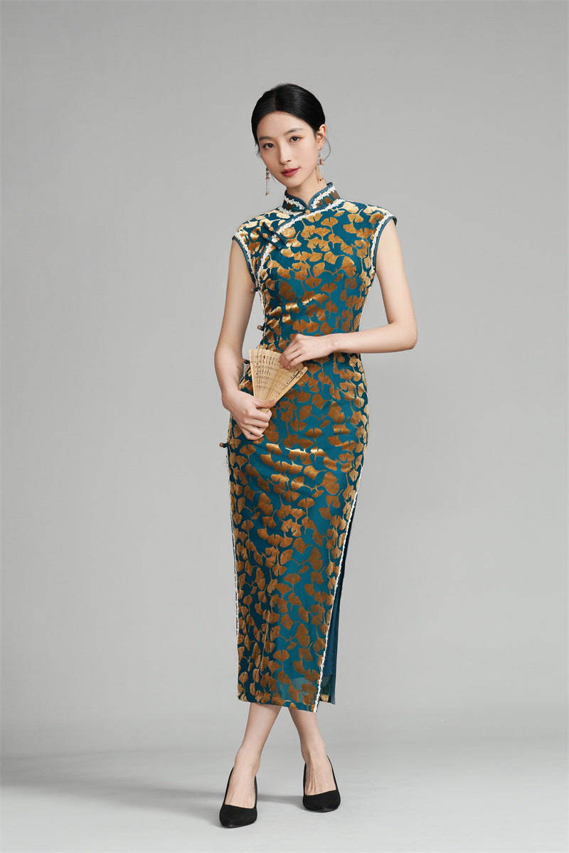 Velvet Ginkgo Leaf Floral Print Cheongsam Dress