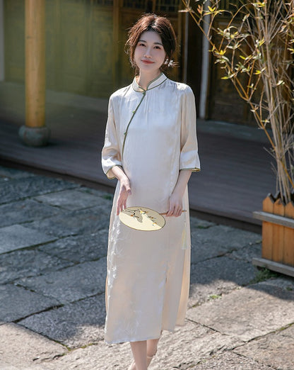Robe Qipao Cheongsam ample en jacquard blanc ivoire